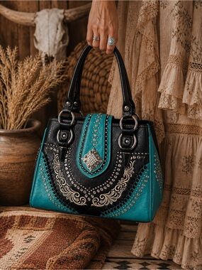 Montana West Western Handbag & Wallet Set Turquoise Black Studded Boho Rustic